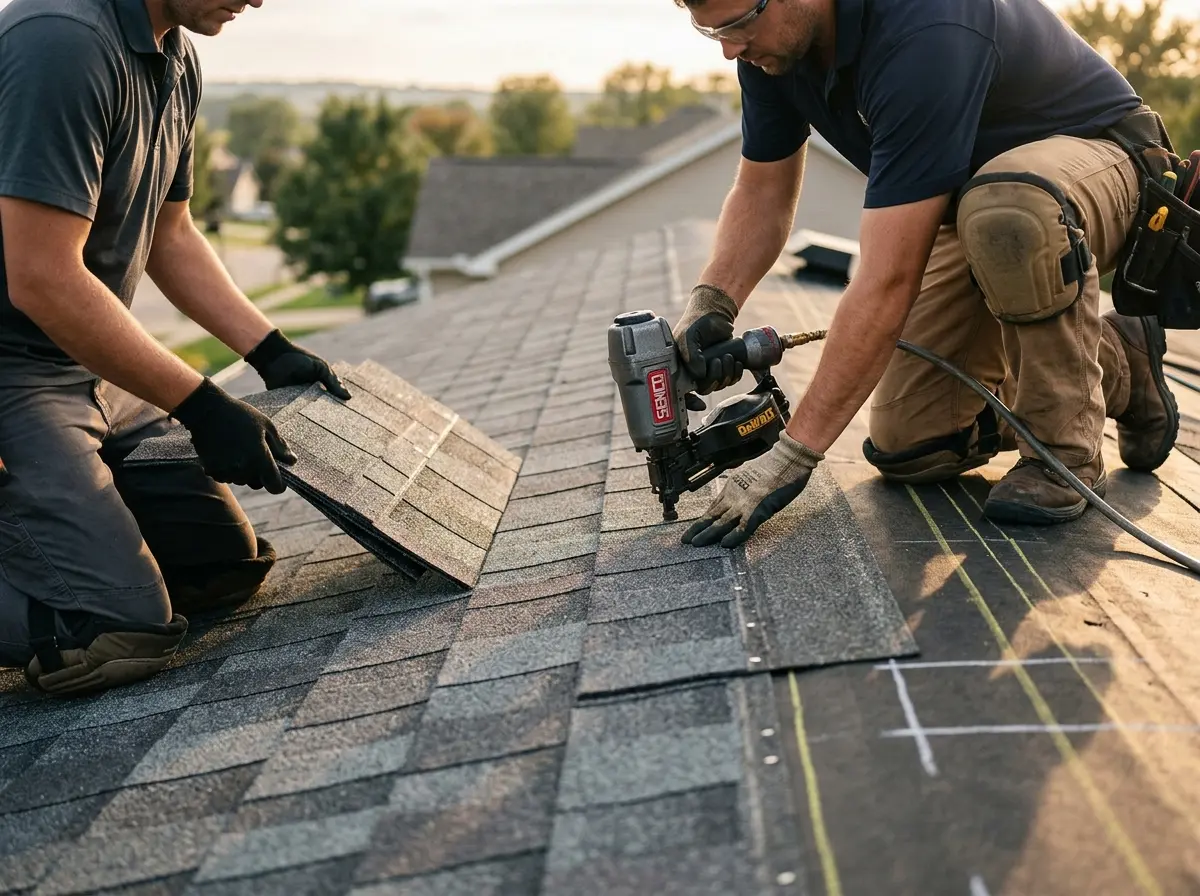 Professional roofer working on a residential roof in Lochbuie